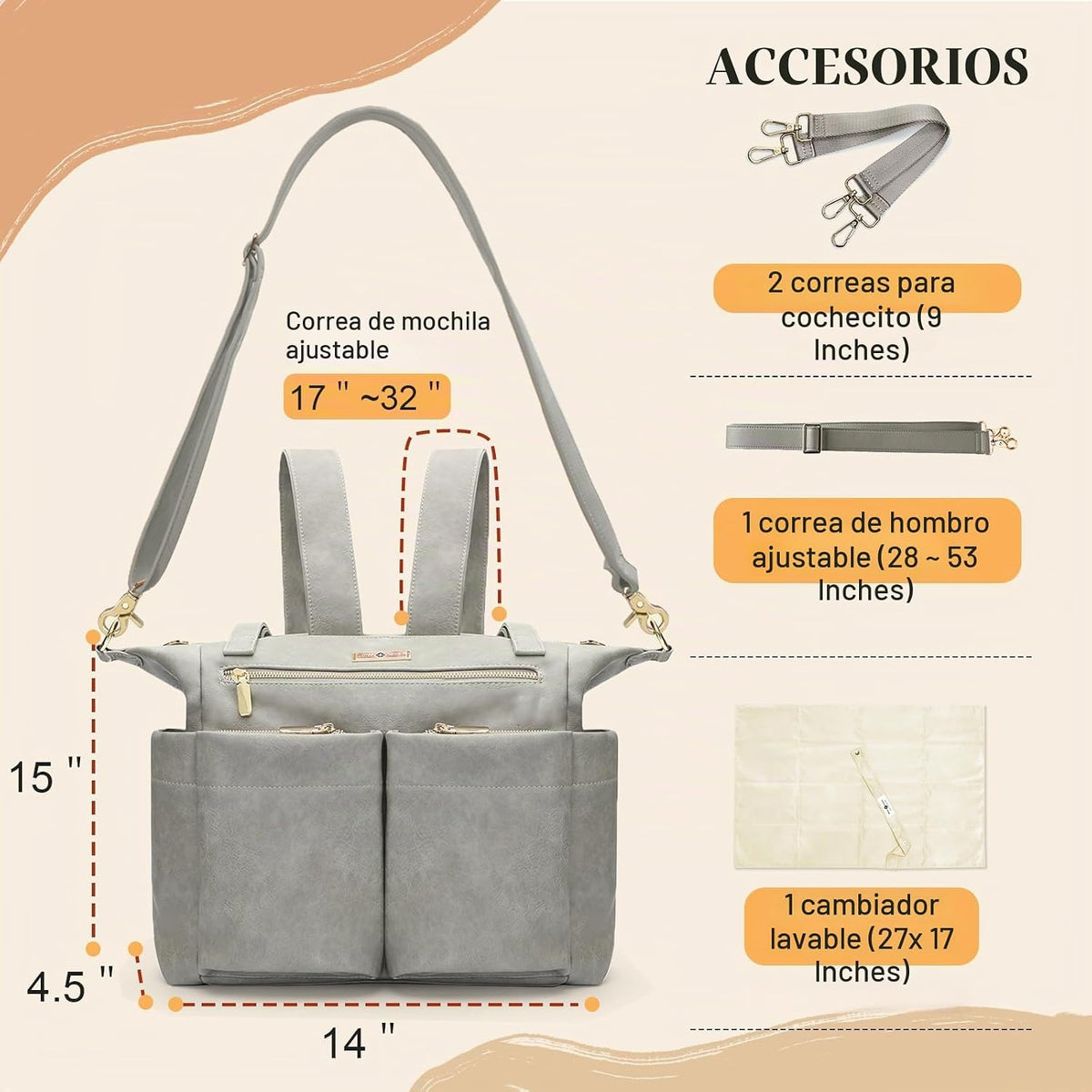 Miss Fong Bolso de cuero para pañales con almohadilla para cambiar,...