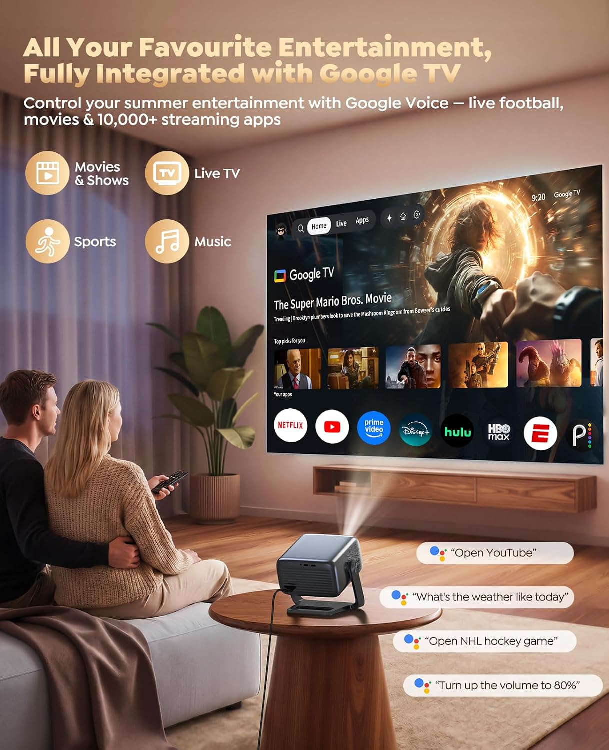 Proyector inteligente 4K [Google TV Stick integrado y soporte de 36...