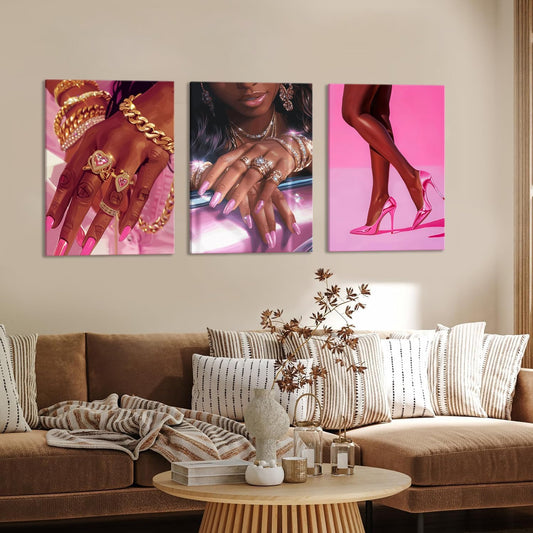 Juego de 3 pósters de pared de mujer afroamericana en tonos rosa y...