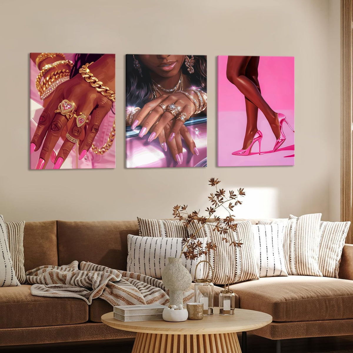 Juego de 3 pósters de pared de mujer afroamericana en tonos rosa y...
