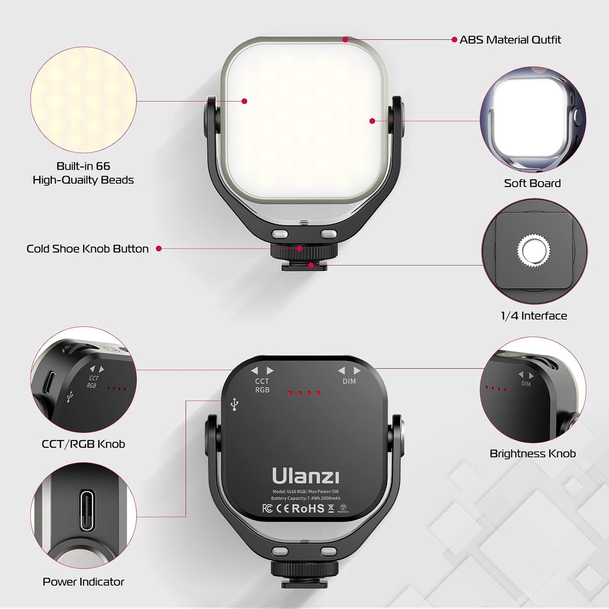 ULANZI VL66 RGB ajustable recargable 2500-6500K - Mini luz portátil...
