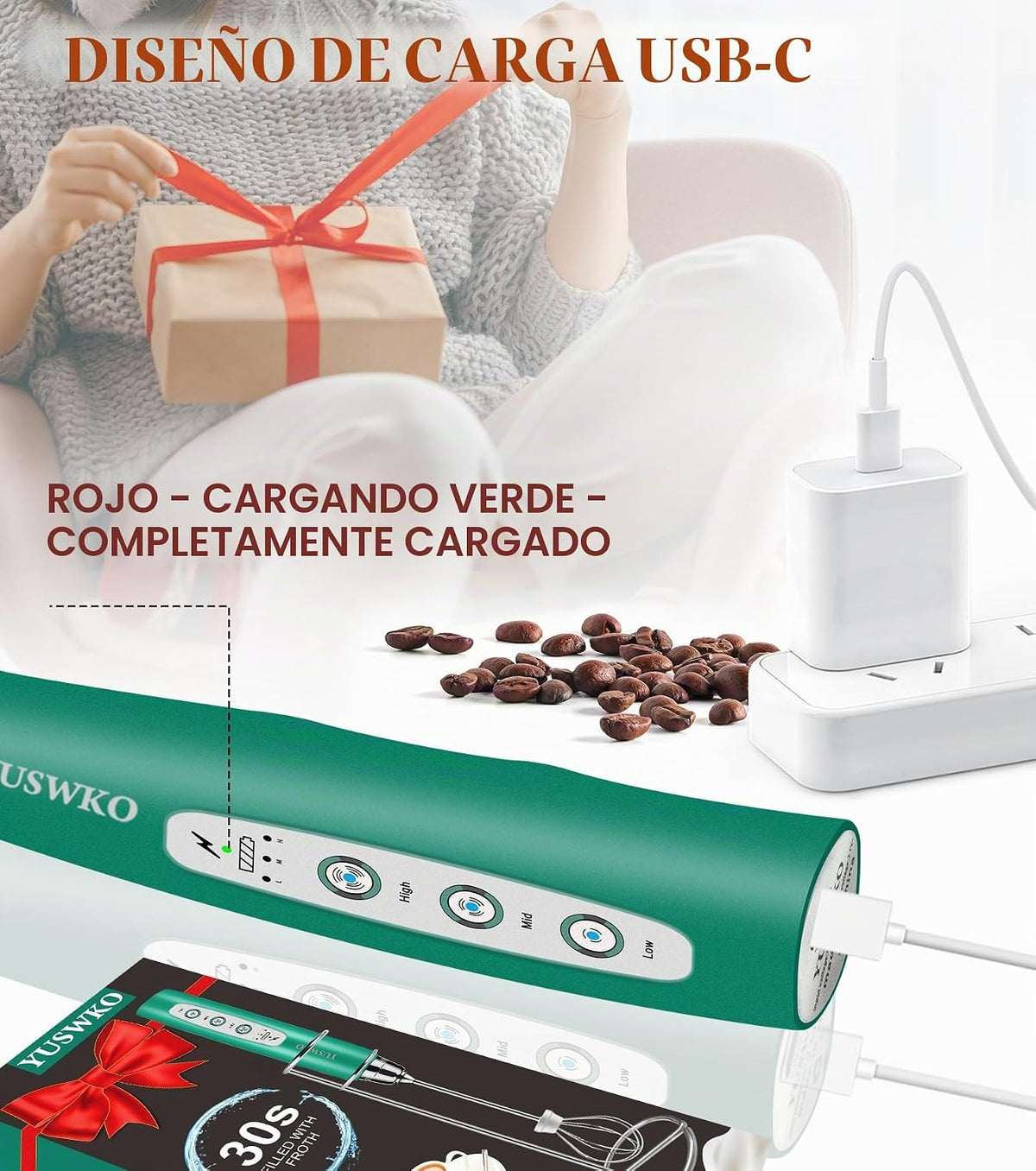 YUSWKO Varita espumadora de leche de mano para café, batidor eléctr...