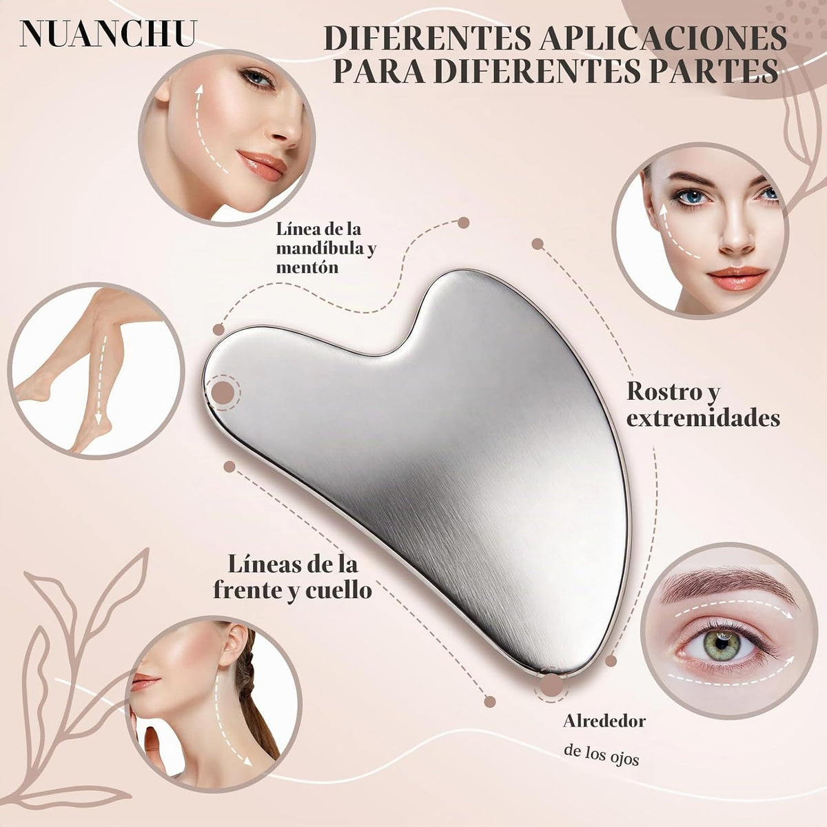 Nuanchu Herramienta facial Gua Sha de acero inoxidable 420, plata,...