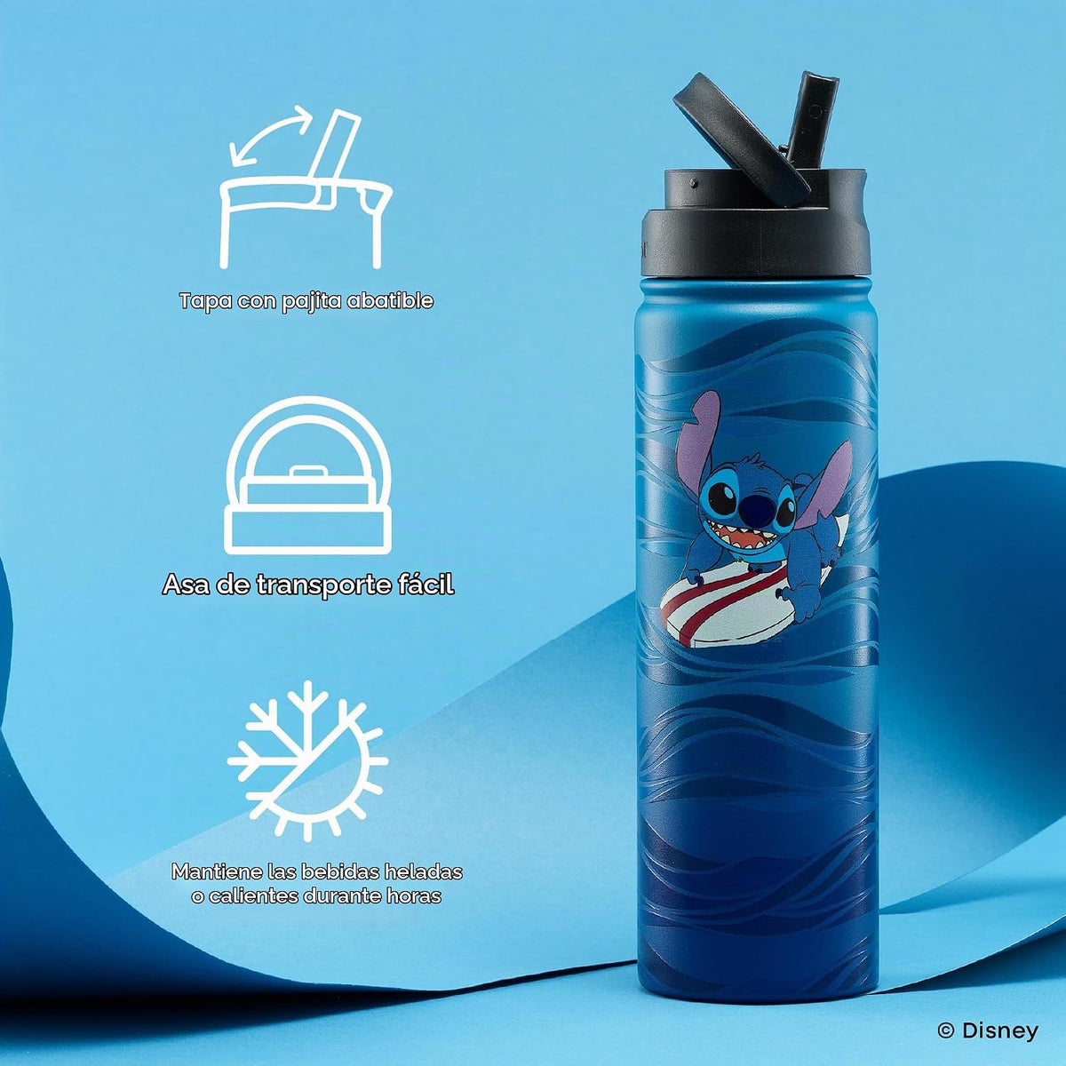 JoyJolt Disney Stitch Surf's Up - Botella de agua de acero inox...