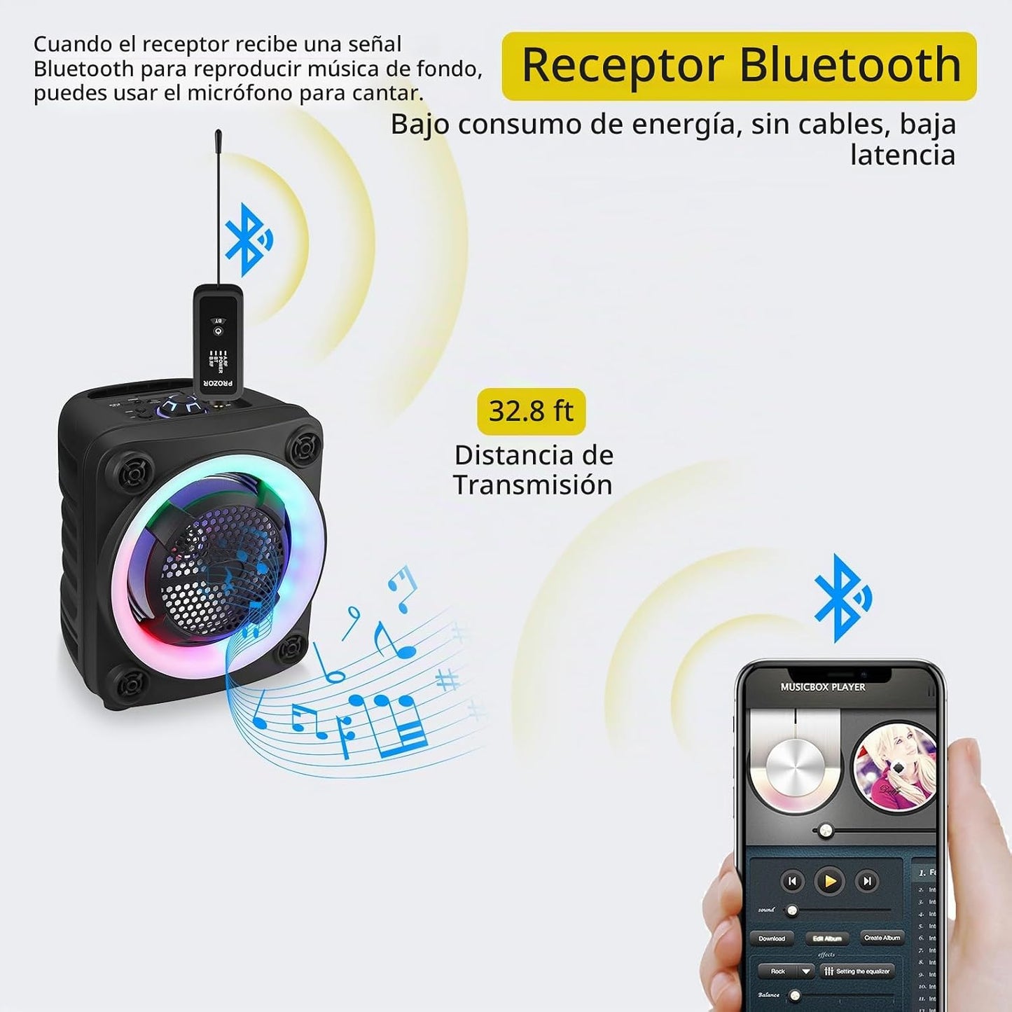 PROZOR Micrófono inalámbrico UHF con control de eco de graves agudo...
