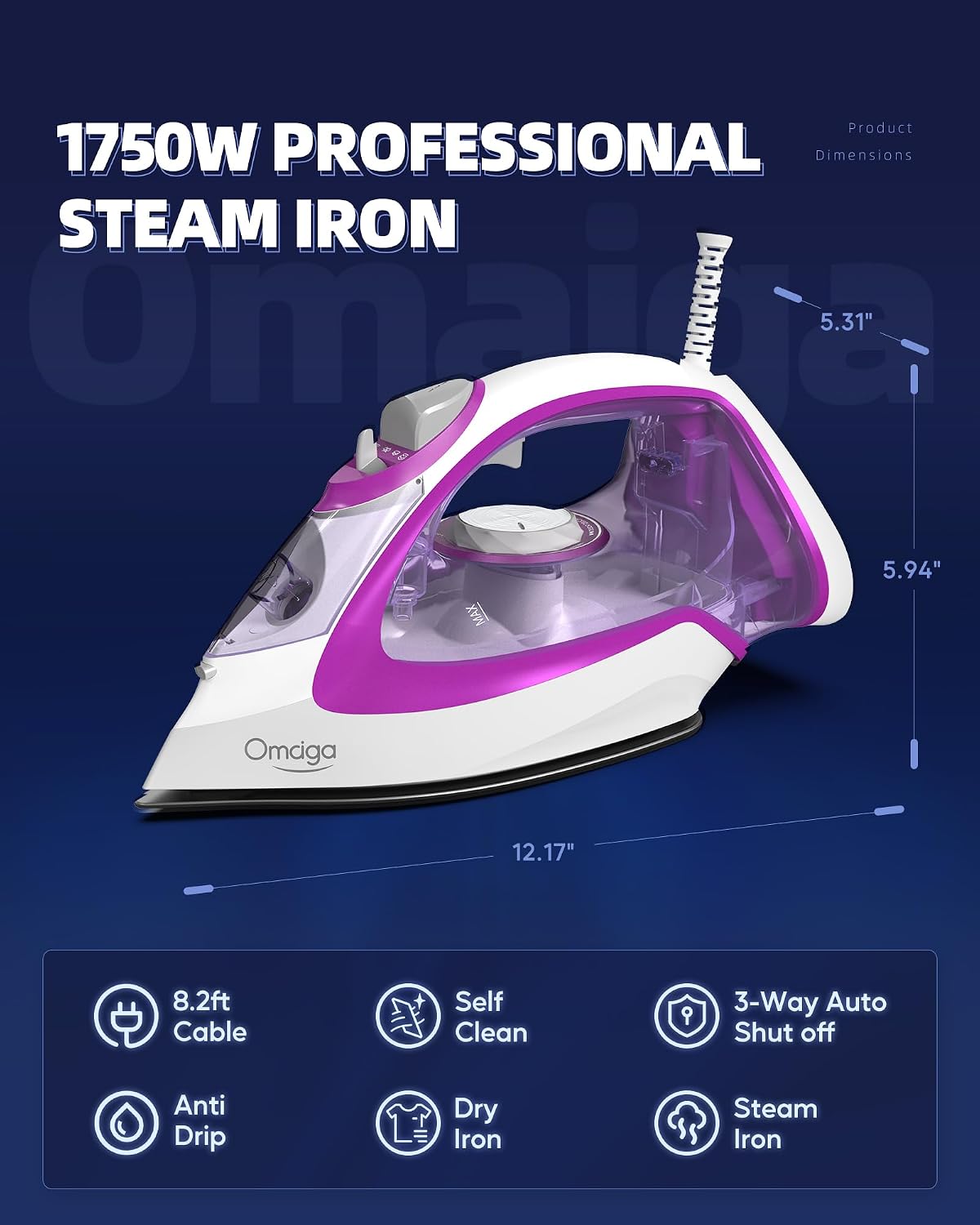 OMAIGA Plancha de vapor para ropa, plancha de 1750 W con calentamie...