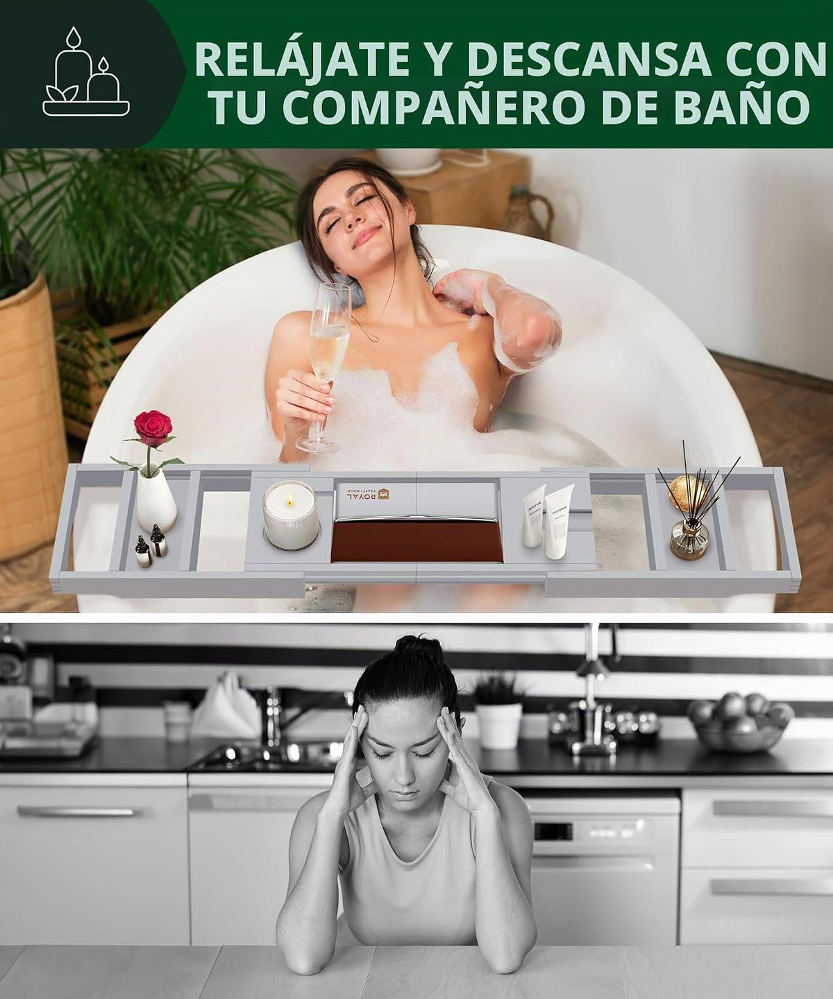 Royal Craft - Bandeja de bambú para bañera con soporte para libro y...