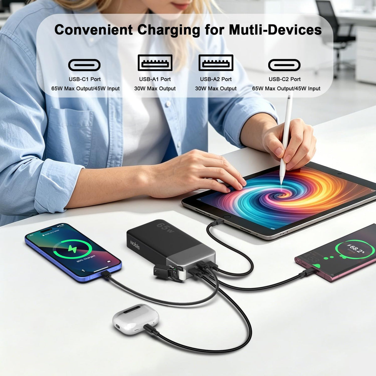 Cargador portátil NOBIS 20000mAh 65W Power Bank con cable desmontab...