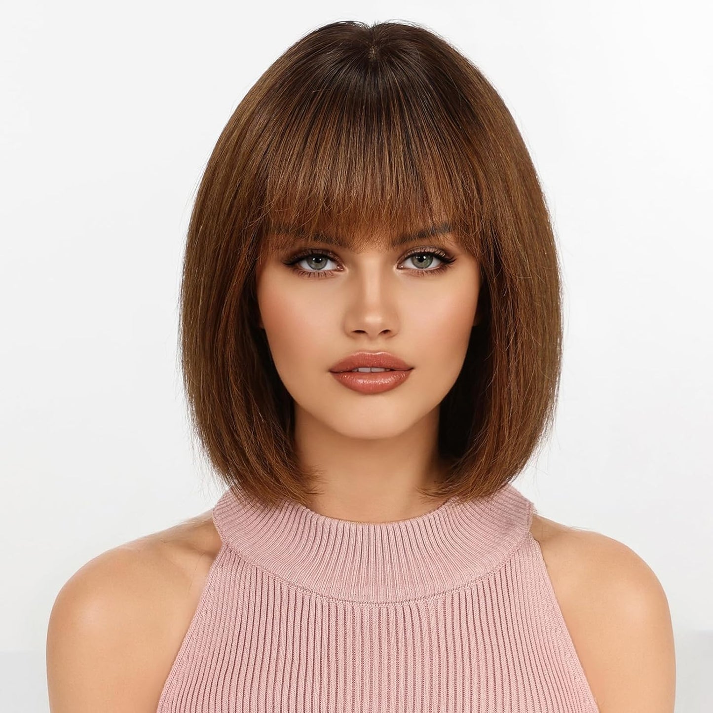 KKU Pelucas de cabello humano marrón degradado para mujer, pelucas...