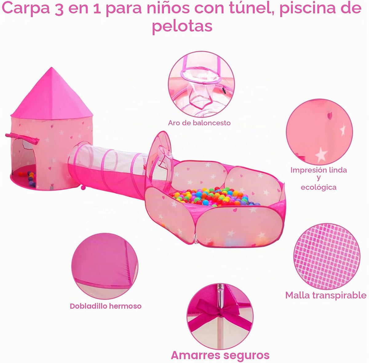 Tienda de campaña de princesa de 3 piezas para niñas con hoyo de bo...