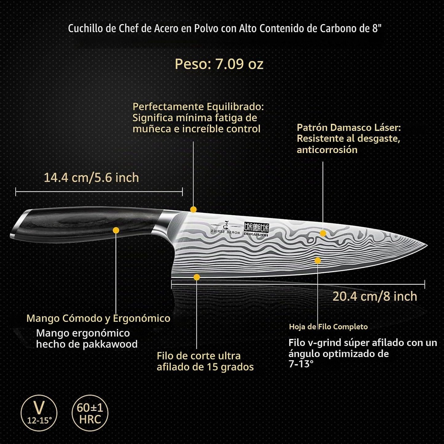 HOSHANHO Juego de 8 cuchillos con bloque magnético, juego de cuchil...