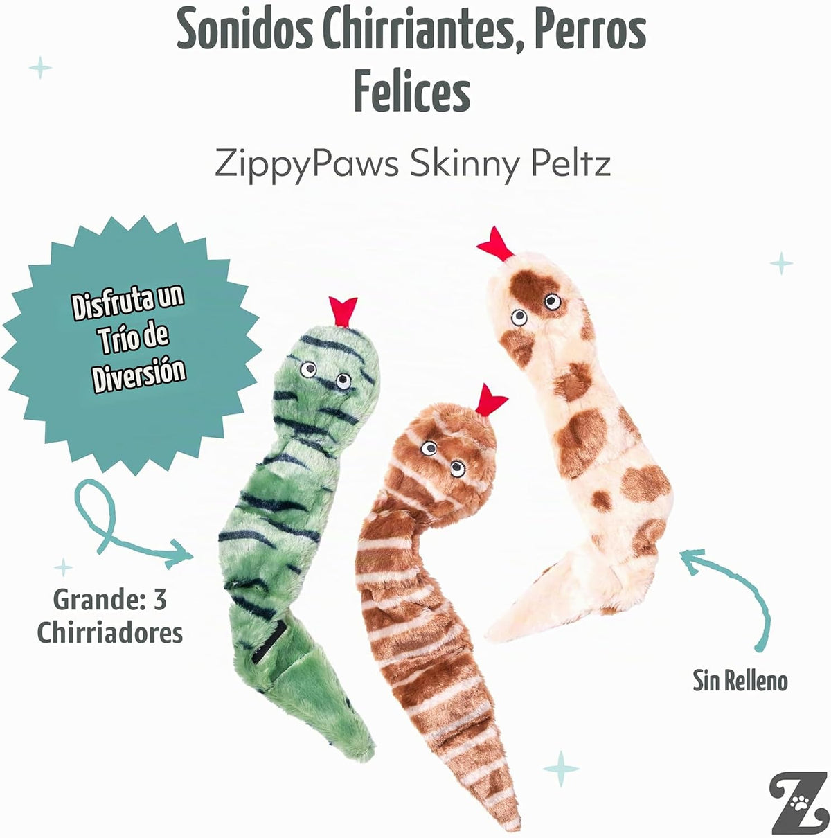 ZippyPaws Skinny Peltz - 3 serpientes multicolores, juguetes chirri...