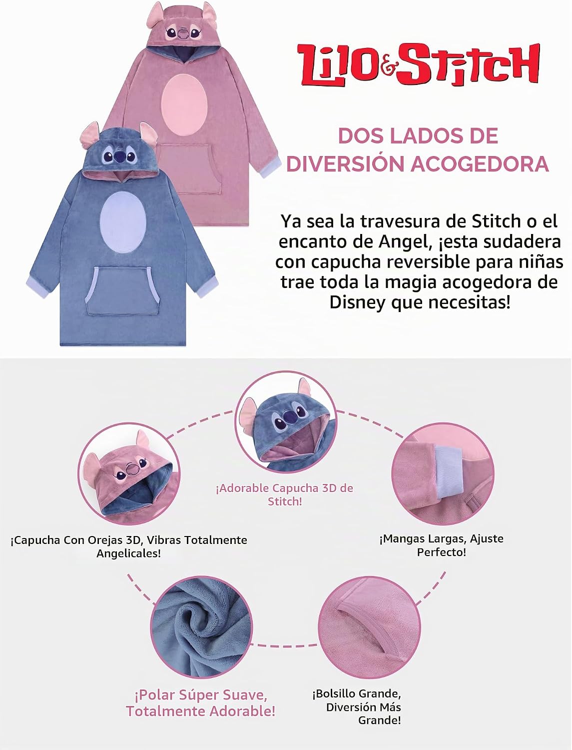 Disney Lilo And Stitch - Manta reversible con capucha para niñas, d...