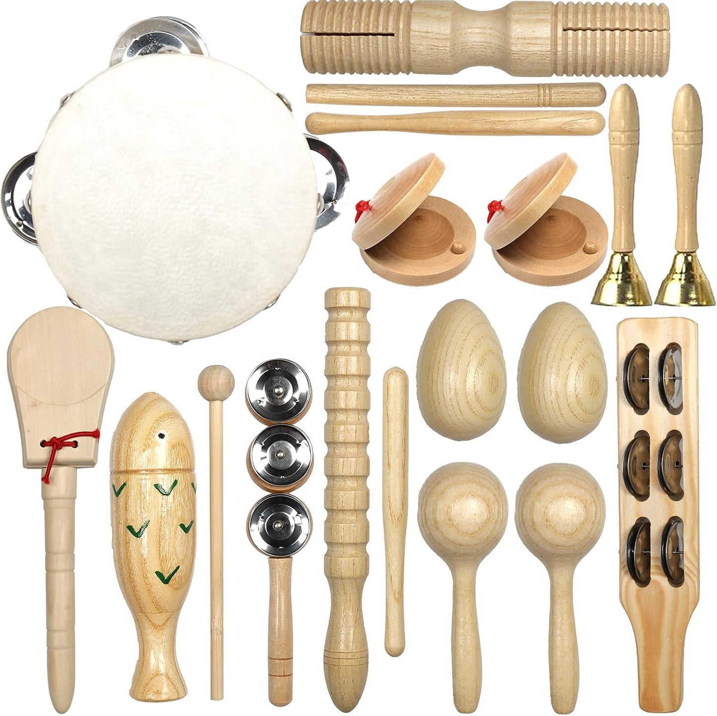 Juego de instrumentos musicales, 15 piezas de madera natural, pande...