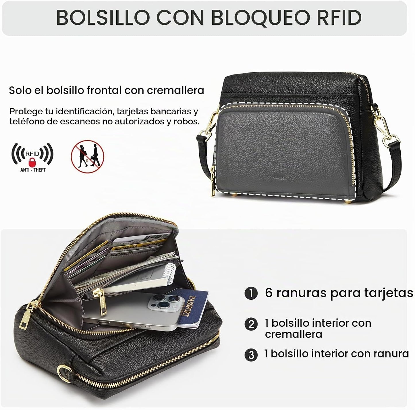 Kattee Bolso cruzado de cuero para mujer, pequeño, antirrobo, con c...