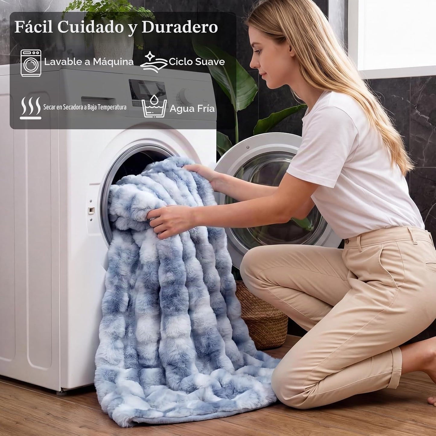 Opulapel Manta de Tiro de Piel Sintética Azul con Efecto Tie-dye Su...