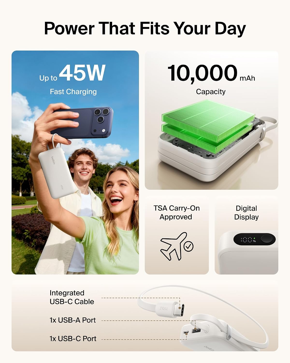 Belkin 10000mAh 45W Cargador portátil Power Bank con cable USB C in...