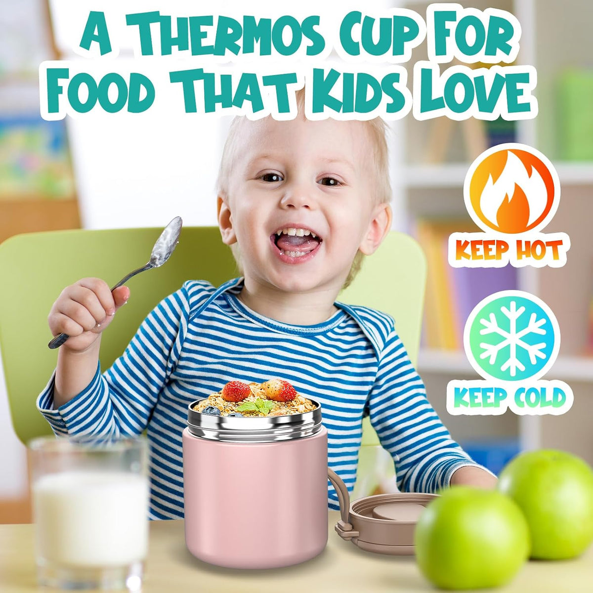 Termo para niños de comida caliente - 15.2oz con cuchara plegable y...