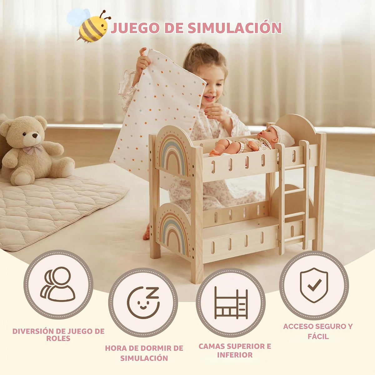 Freniland Litera de madera para muñecas con escalera y ropa de cama...