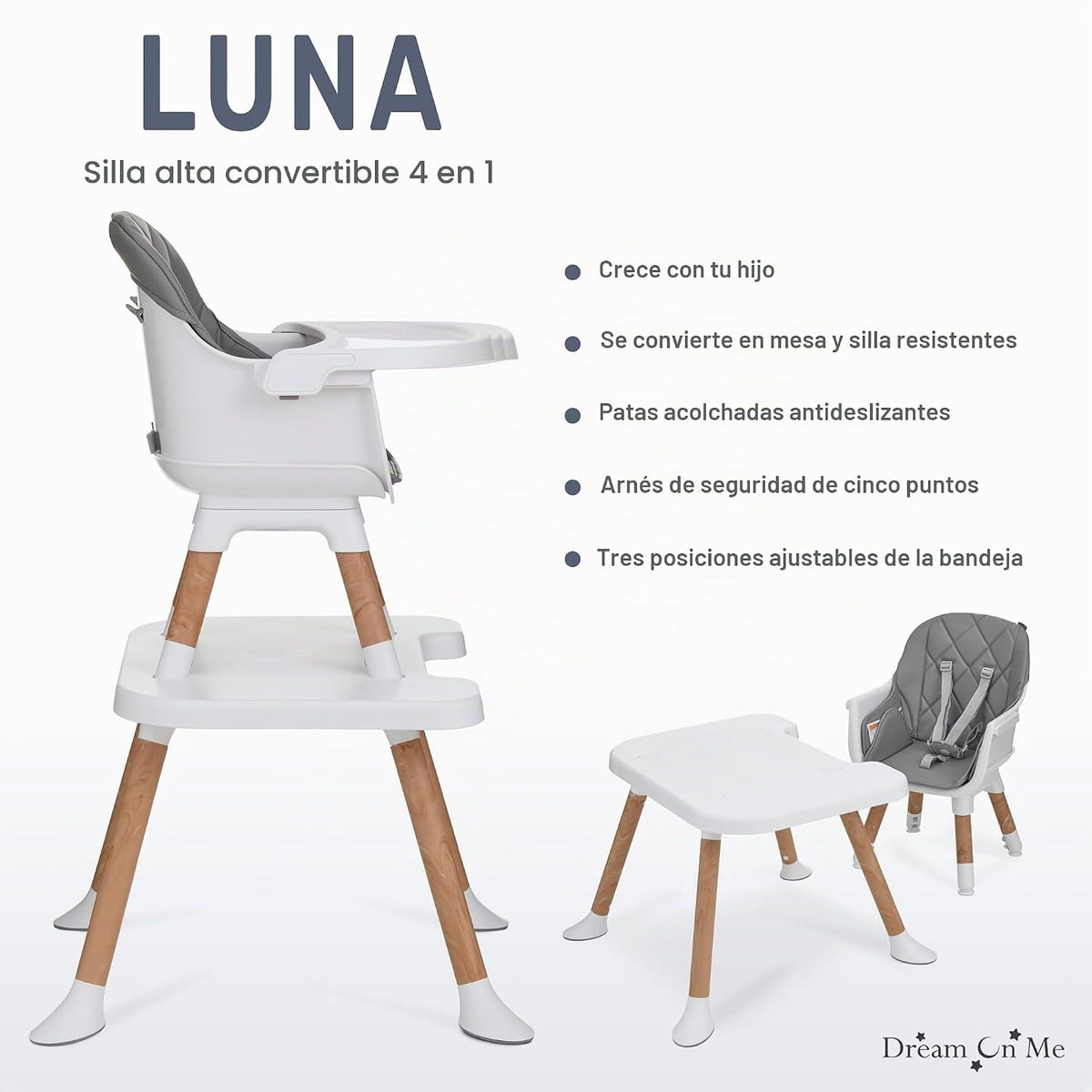 Dream On Me Luna - Silla alta convertible 4 en 1 para bebé en gris...