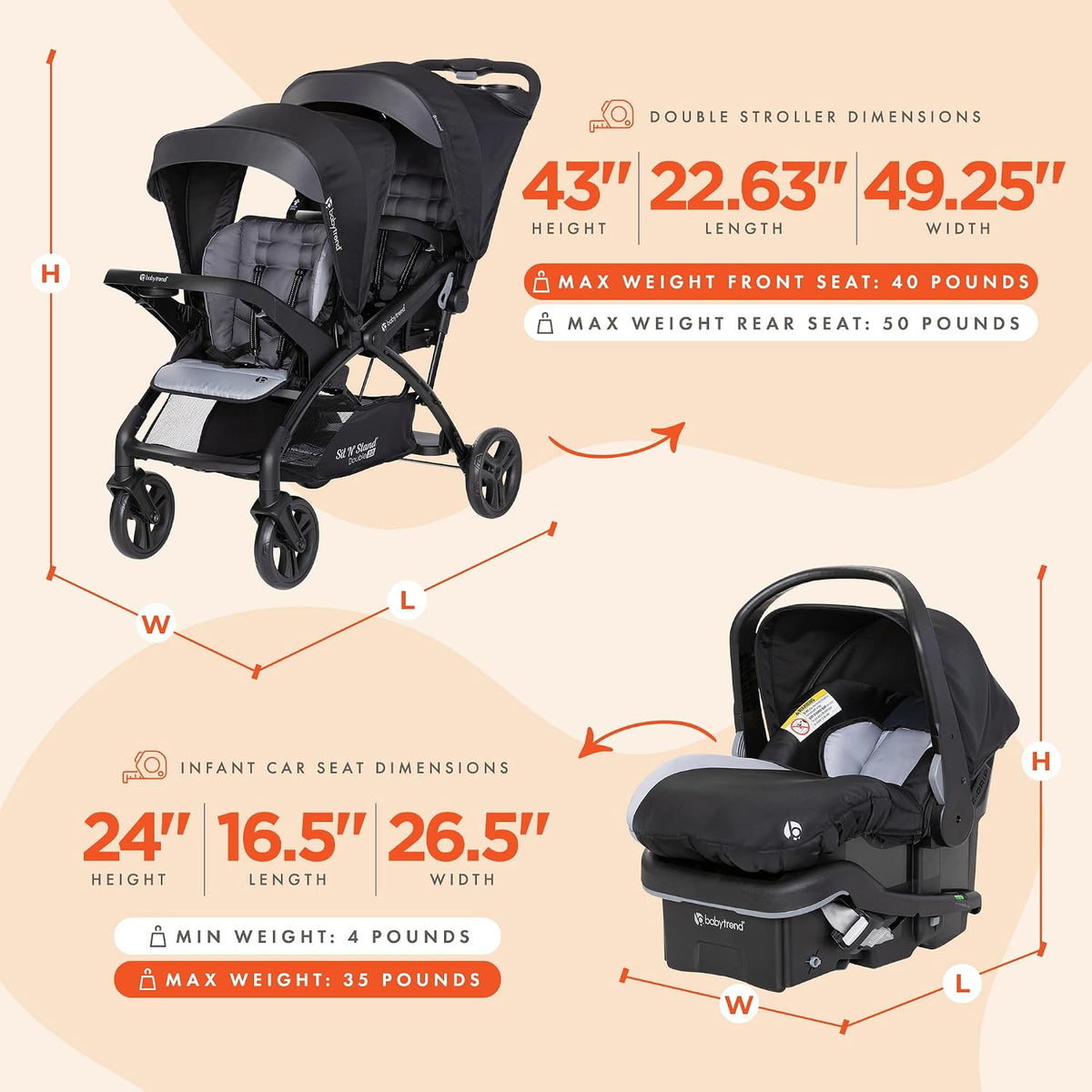 Baby Trend Cochecito de bebé y niño pequeño doble y asiento de coch...