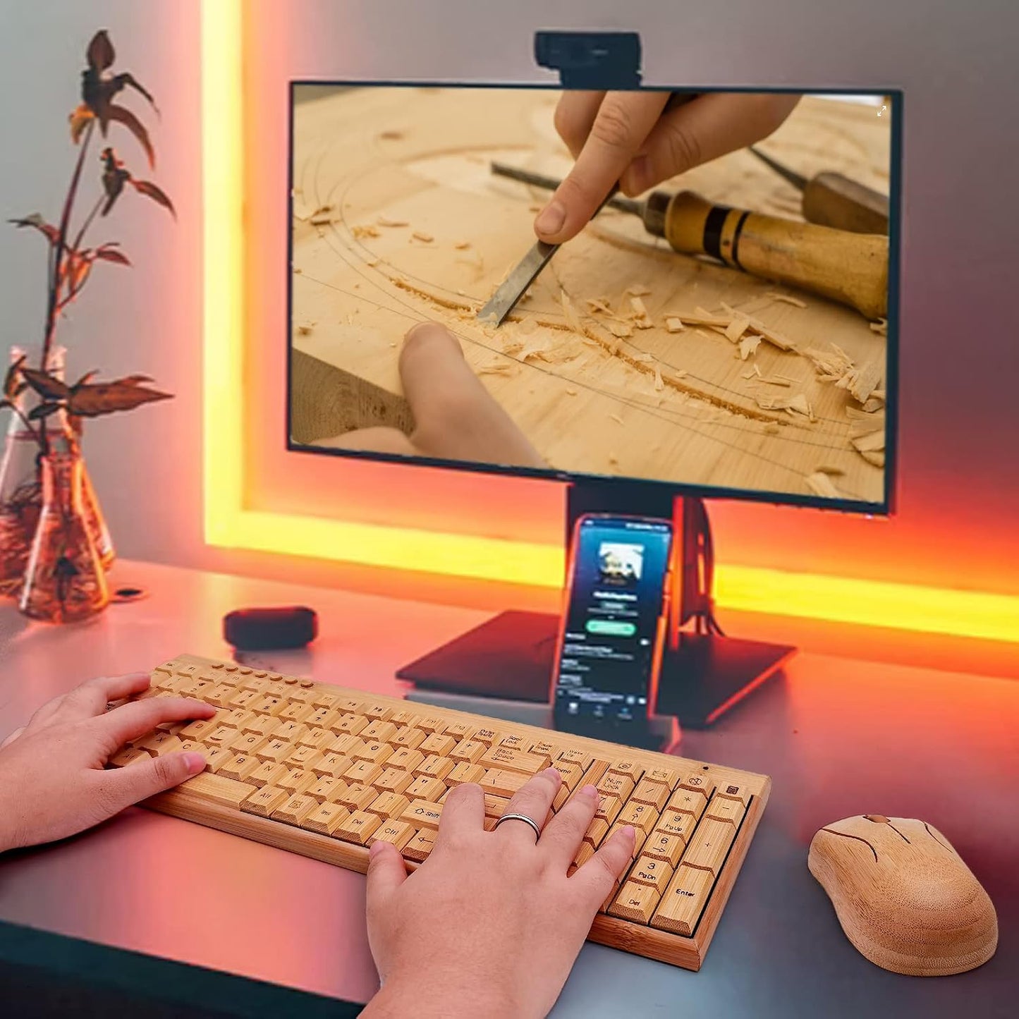 Smart Tech Combo de teclado y mouse inalámbricos de bambú natural d...