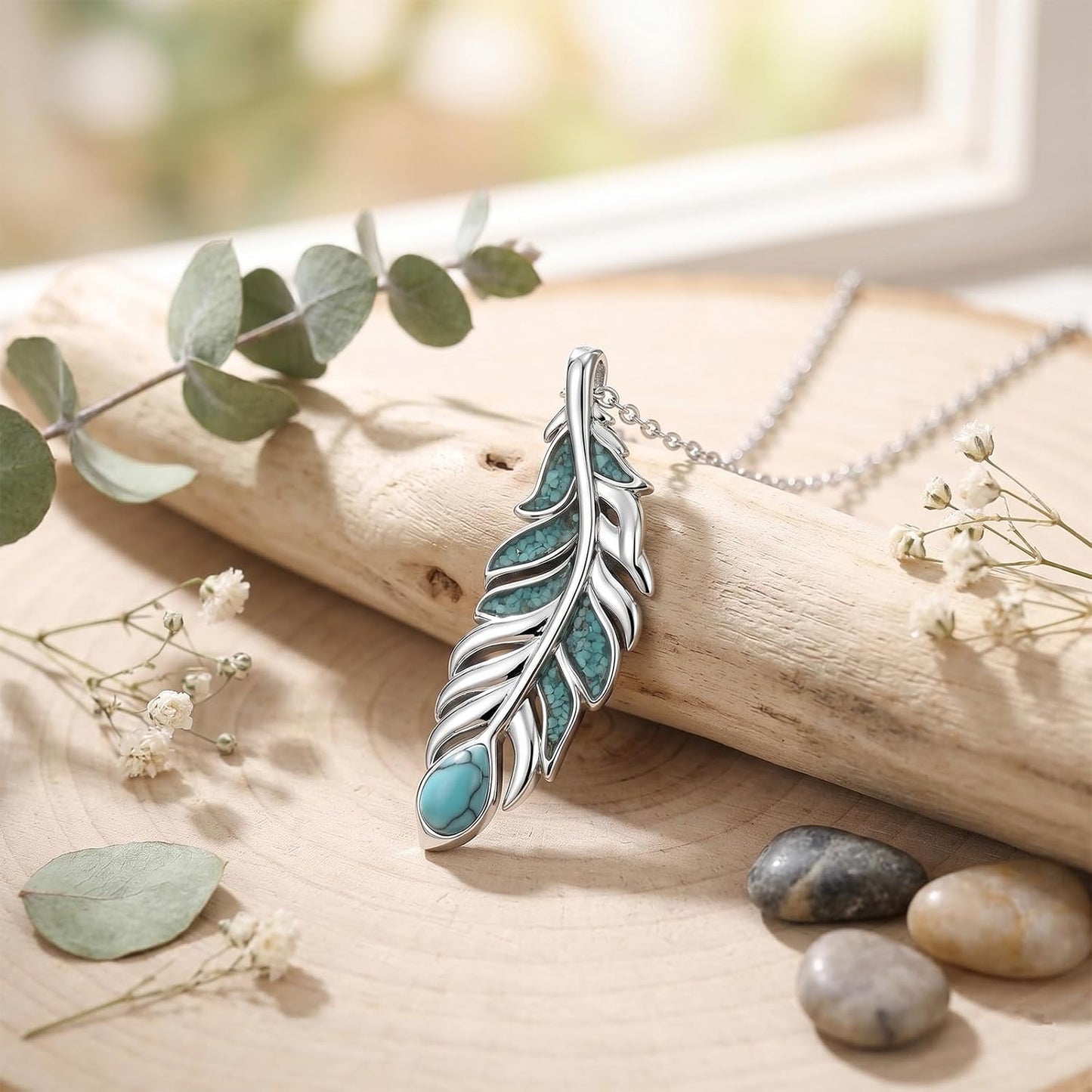 Teetyyt Collar de Plumas de Turquesa para Mujer Chapado en Oro Blan...