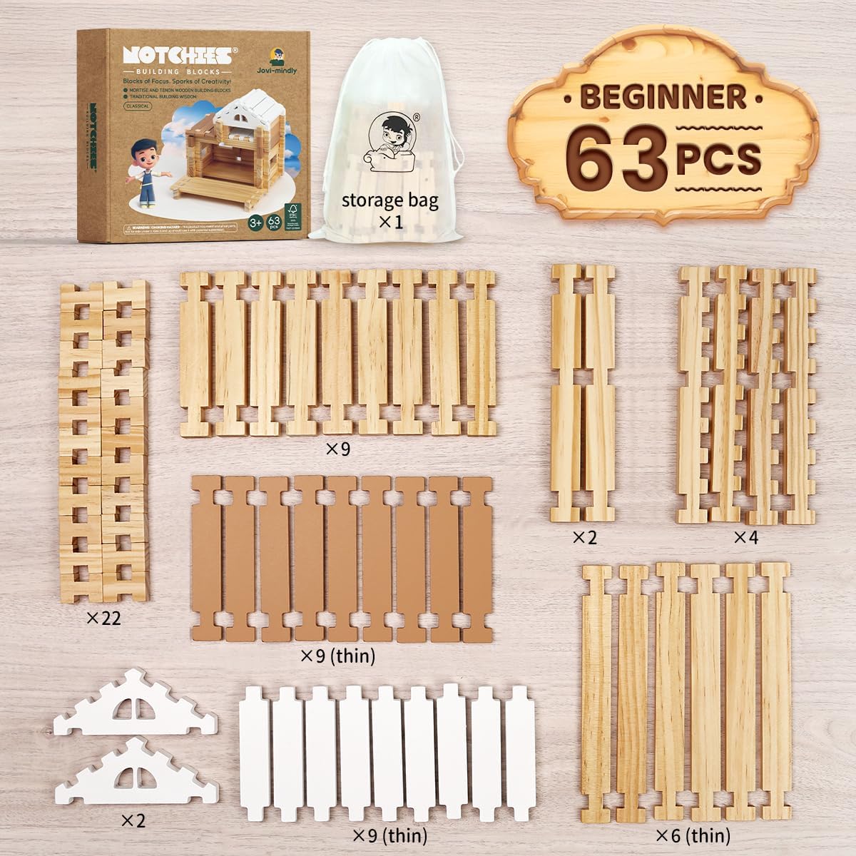 Jovi-mindly &amp;Notchies - Juego de 63 bloques de madera para prin...