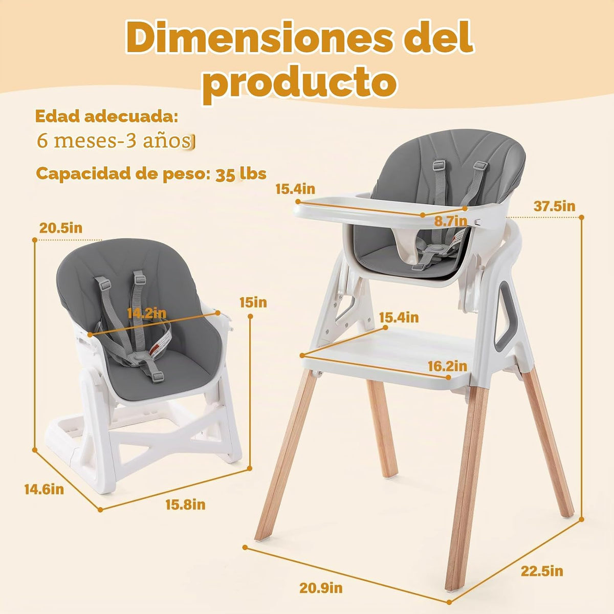 Silla alta para bebé, silla alta convertible de madera 4 en 1 para...