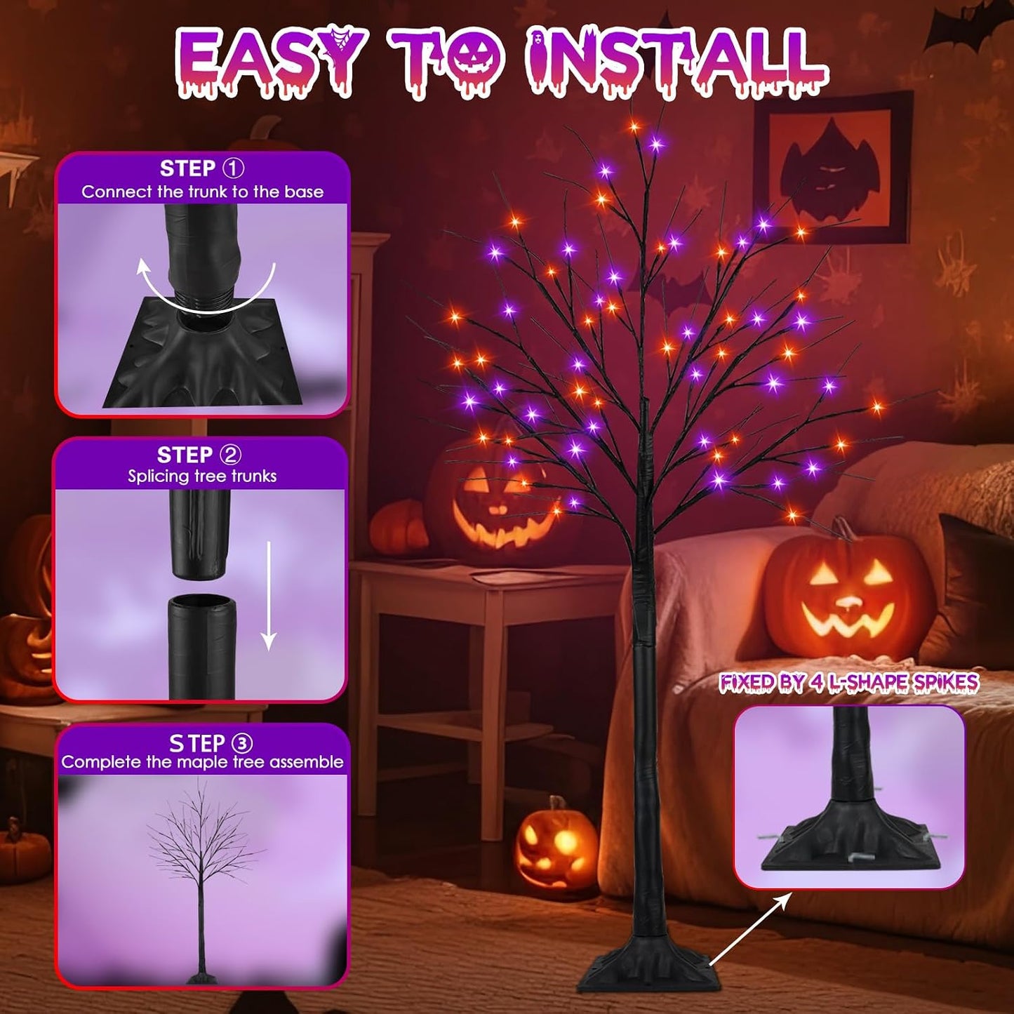 Paquete de 3 árboles de Halloween negros iluminados de 4 pies, 5 pi...