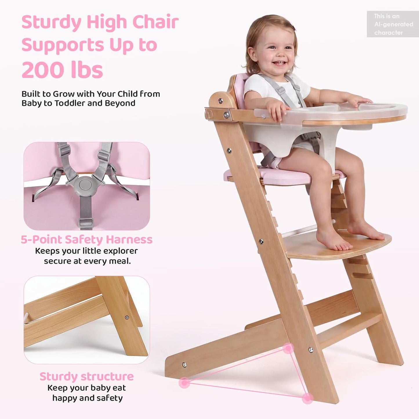 Cowiewie Trona de madera natural para bebé con bandeja ajustable y...