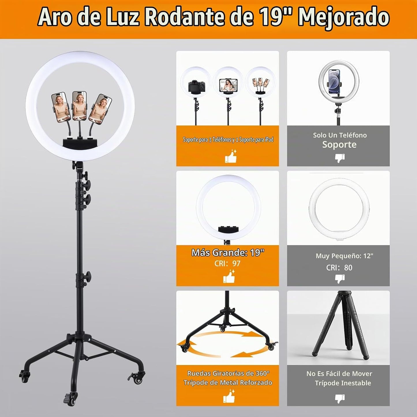 Anillo de luz grande con soporte, anillo de luz de 19 pulgadas con...