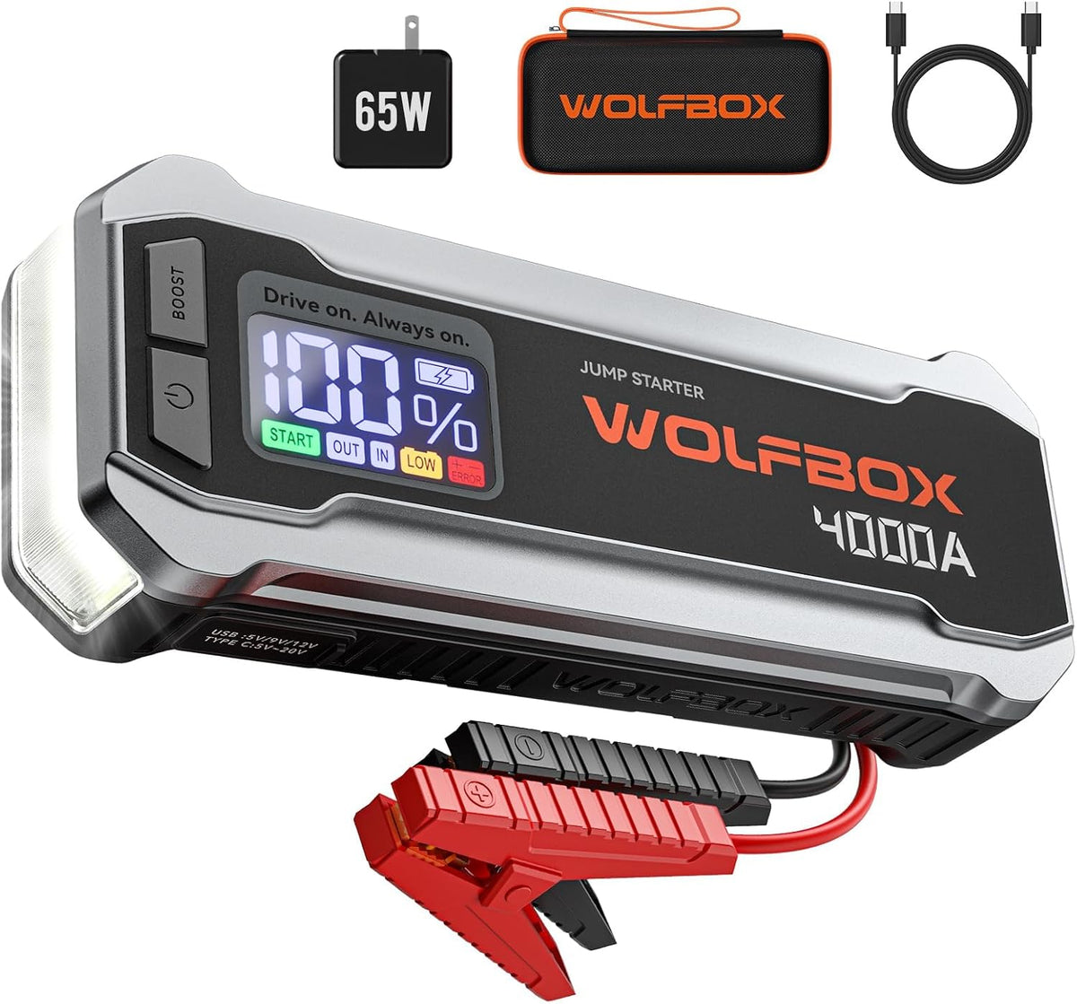 WOLFBOX Arrancador de 4000 A, batería de coche de 12 V portátil con...