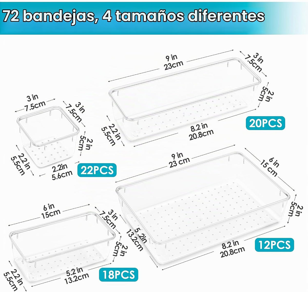 Vtopmart Juego de 72 organizadores de cajones de plástico transpare...
