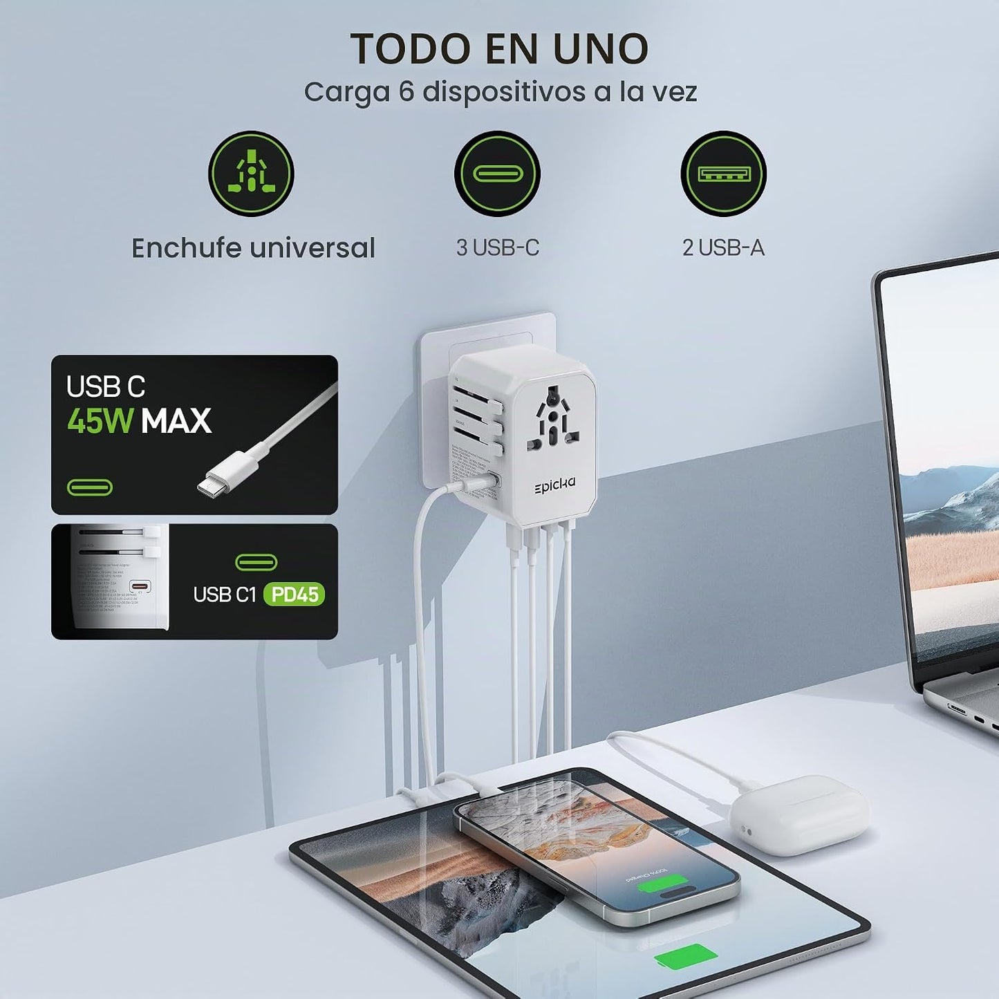 EPICKA 45W Adaptador de viaje universal PD&amp;QC, 1AC\/3USB-C\/2US...