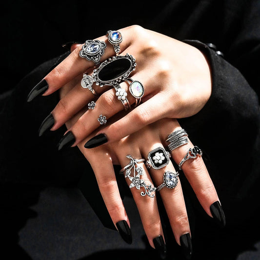 17IF Juego de anillos de nudillos plateados vintage para mujeres y...
