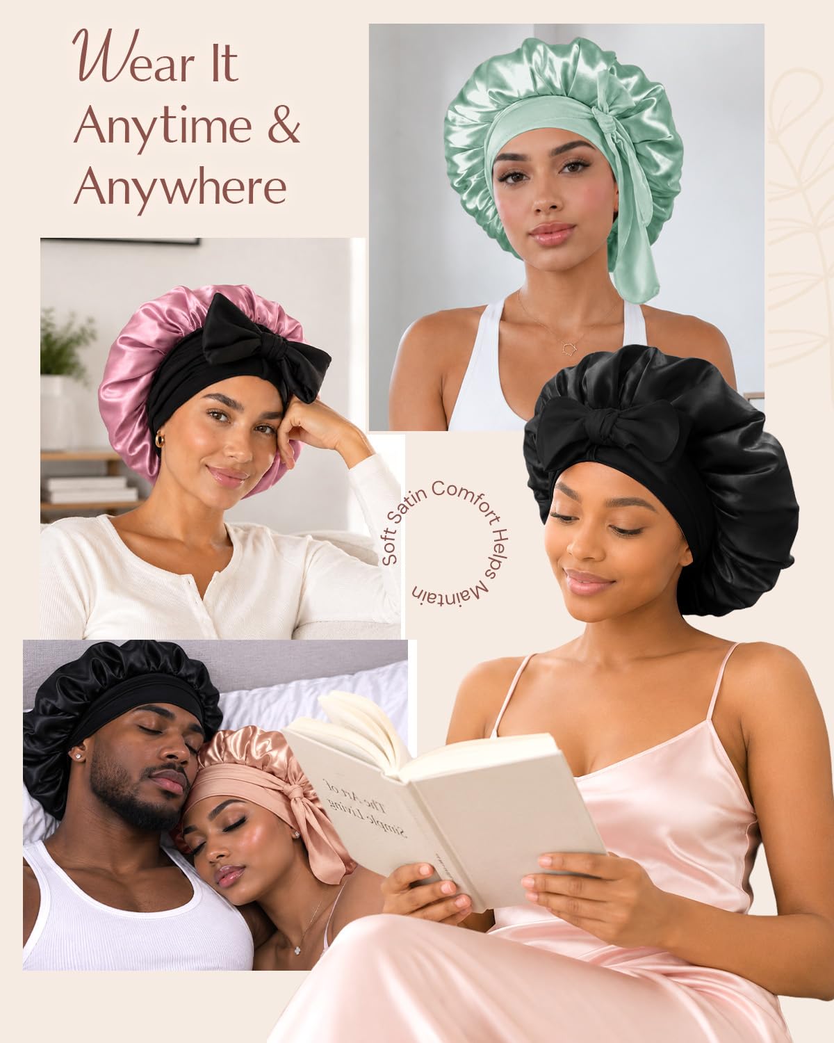 BONNET QUEEN - Gorro de satén de seda para dormir de doble capa con...