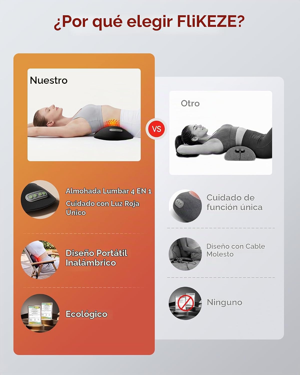 Almohada de apoyo lumbar 4 en 1 con luz roja 650 nm 850 nm, masajea...