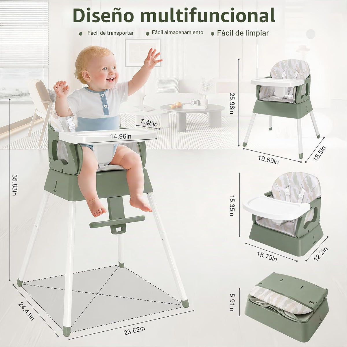 Silla alta portátil 4 en 1 convertible para bebés de 6 a 36 meses,...
