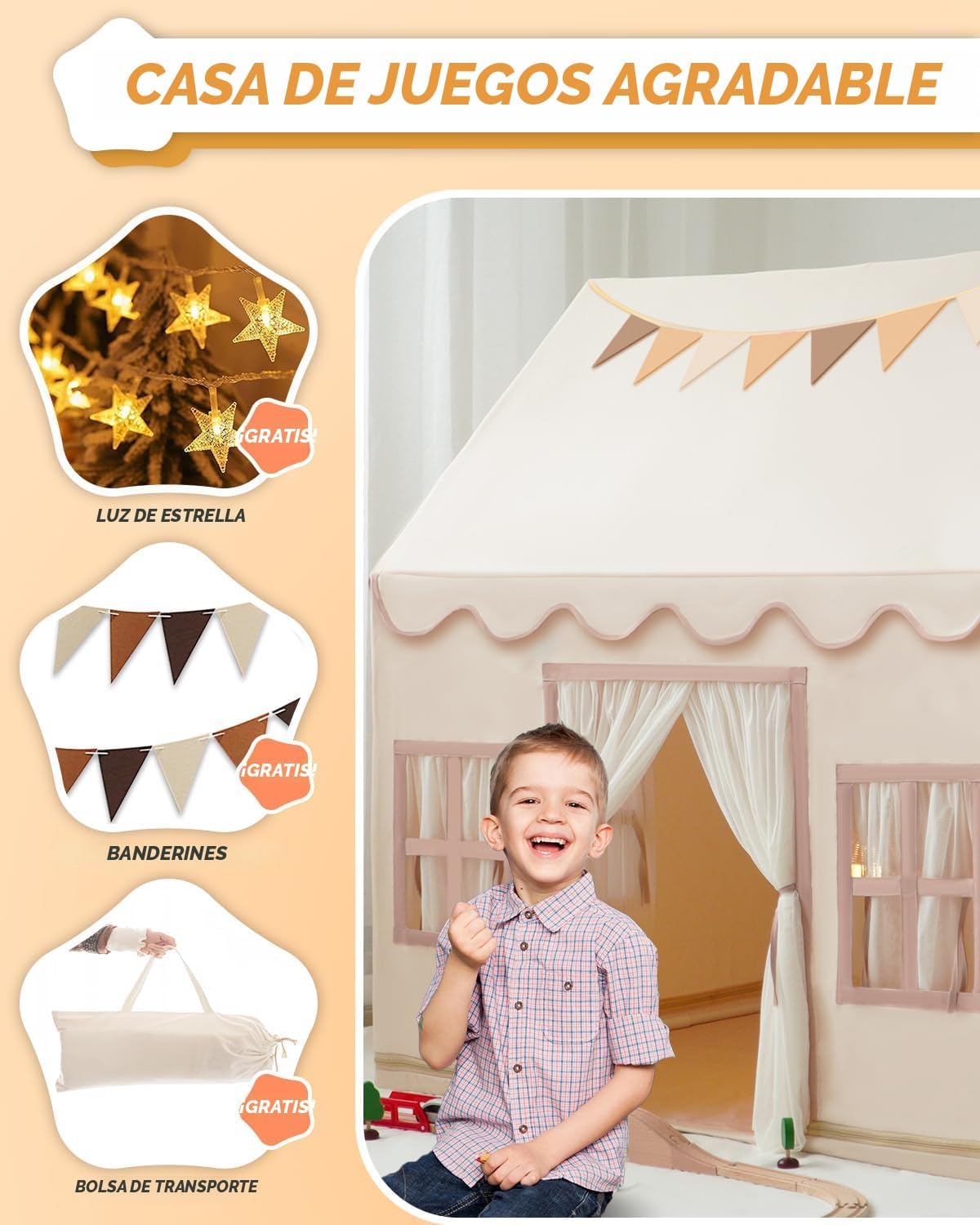 Tienda de campaña grande para niños con luces de estrellas, bandera...