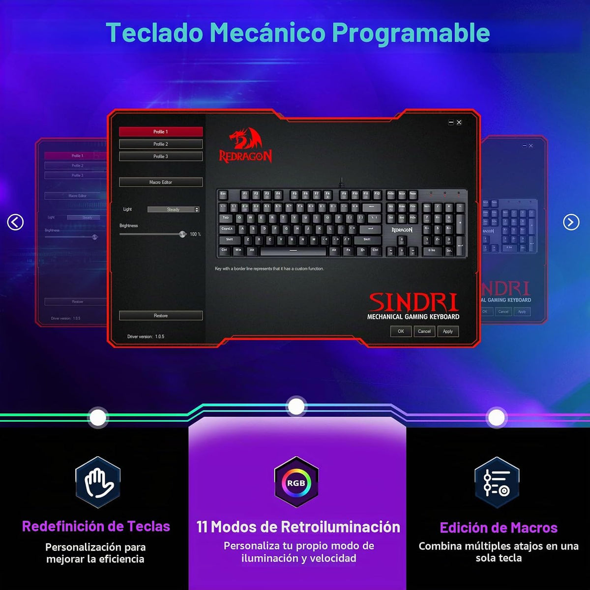 Redragon Teclado Mecánico para Juegos con Cable, 11 Modos Retroilum...
