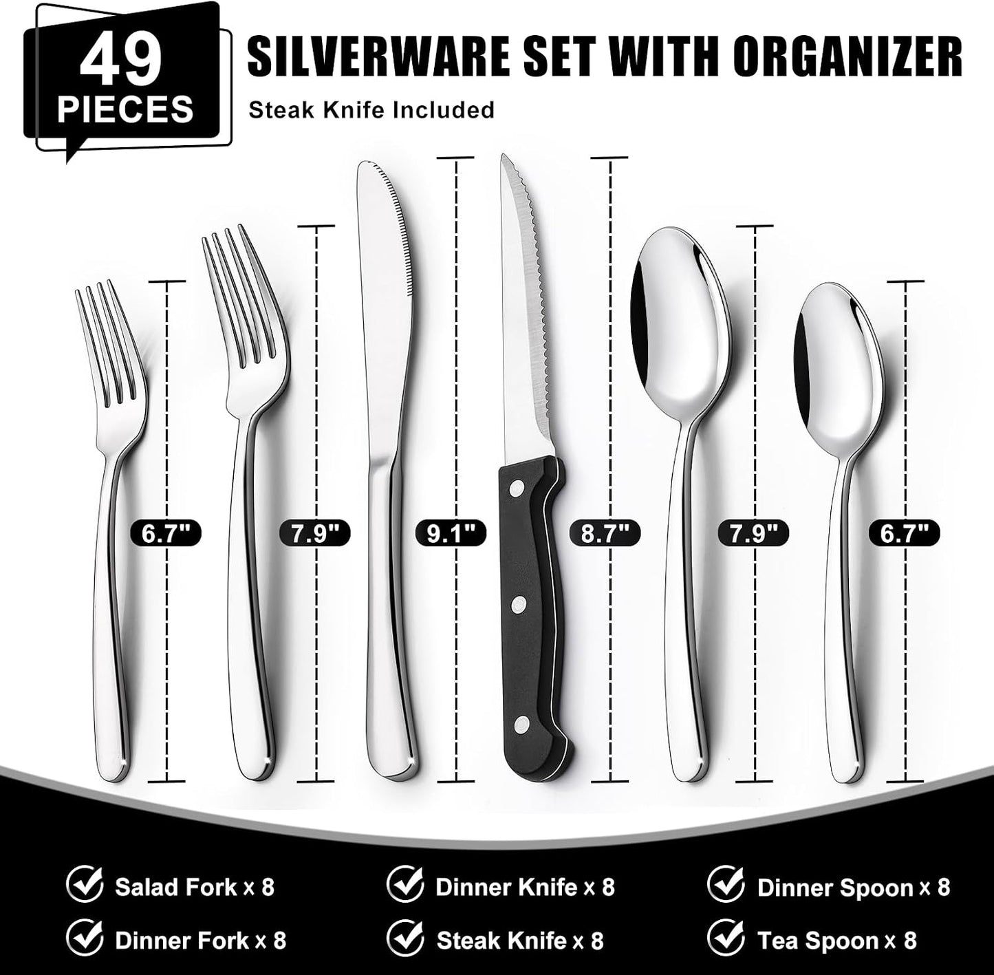 Juego de cubiertos de 49 piezas con organizador, juego de cubiertos...
