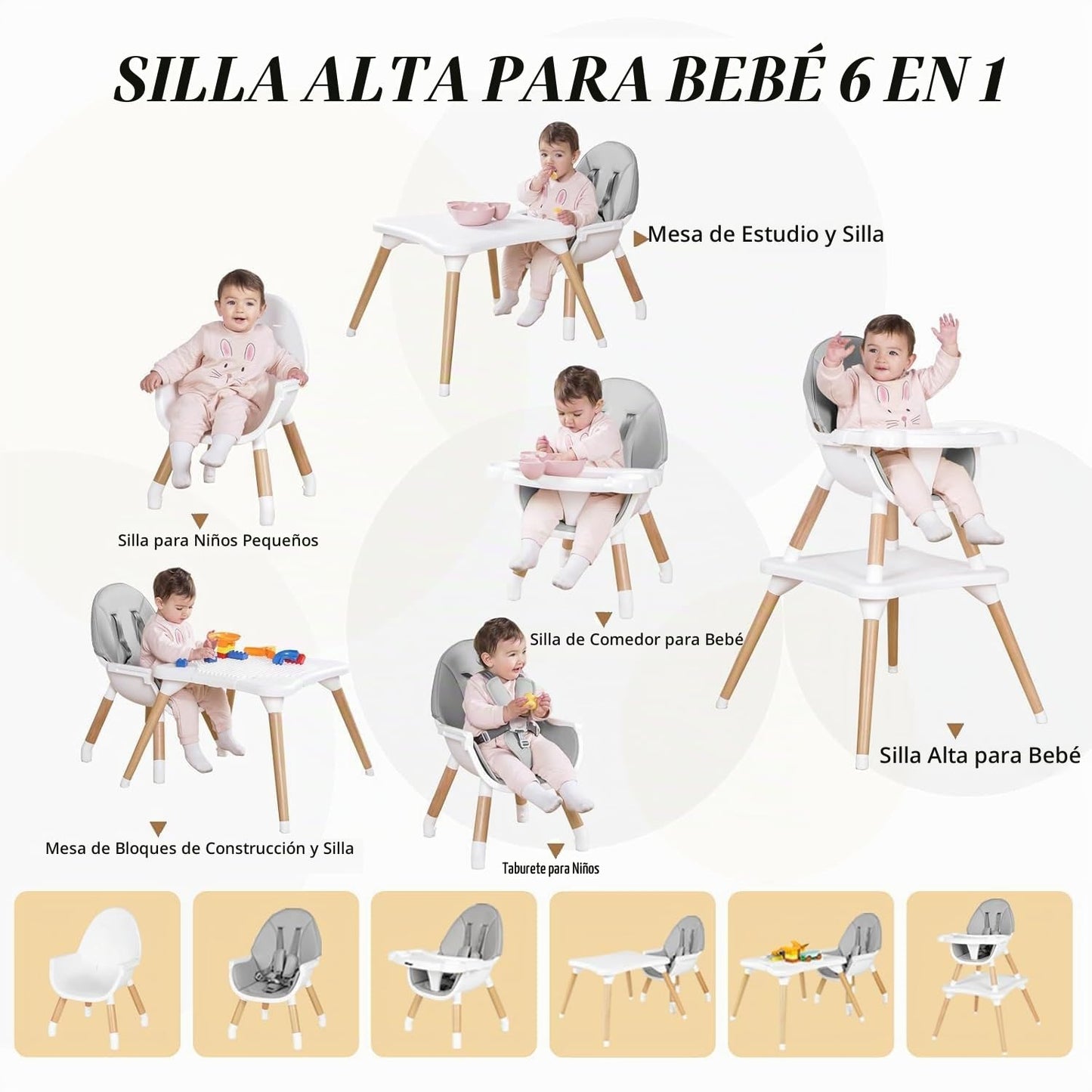 Silla alta 6 en 1 para bebés y niños pequeños, silla alta convertib...