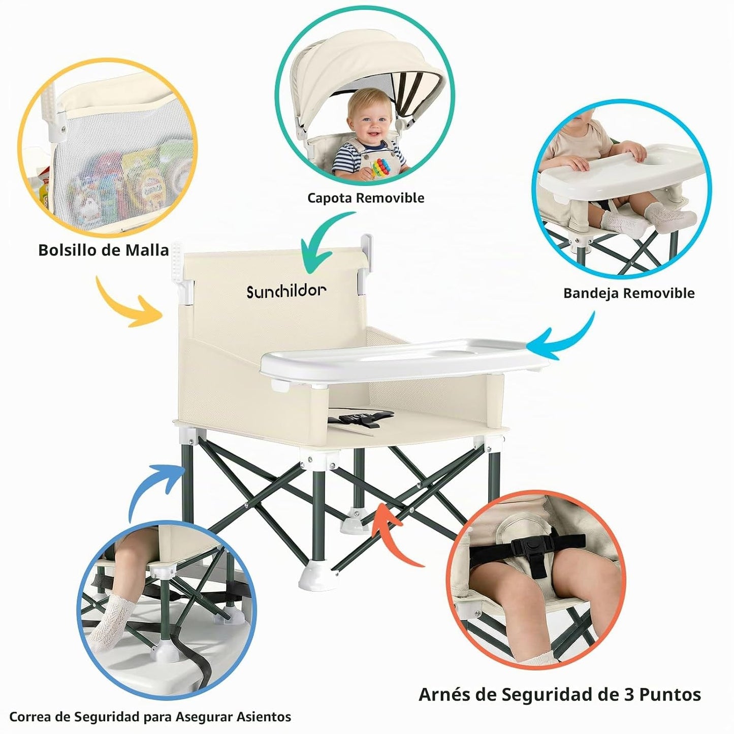 Sunchildor Asiento elevador portátil para bebé con bandeja extraíbl...
