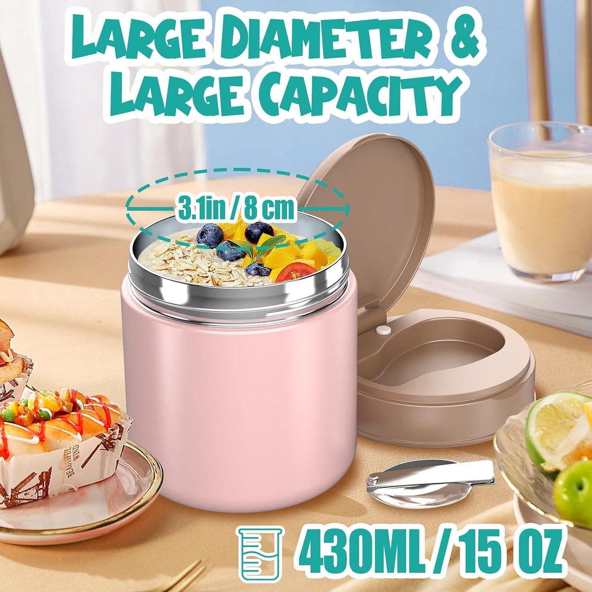 Termo para niños de comida caliente - 15.2oz con cuchara plegable y...