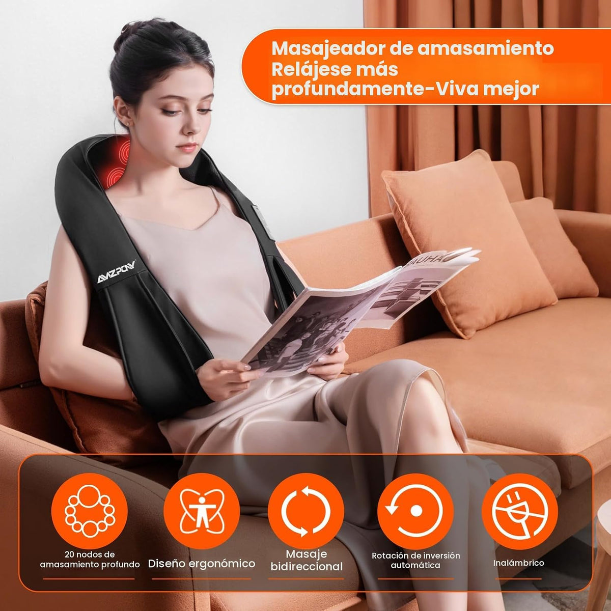 AMZPONY® Masajeador de cuello inalámbrico para aliviar el dolor de...