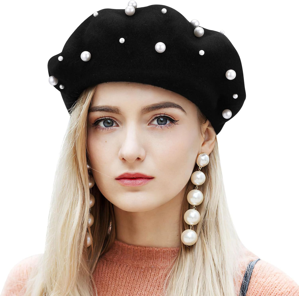 Boina negra para mujer, sombrero clásico de perla, boina francesa p...
