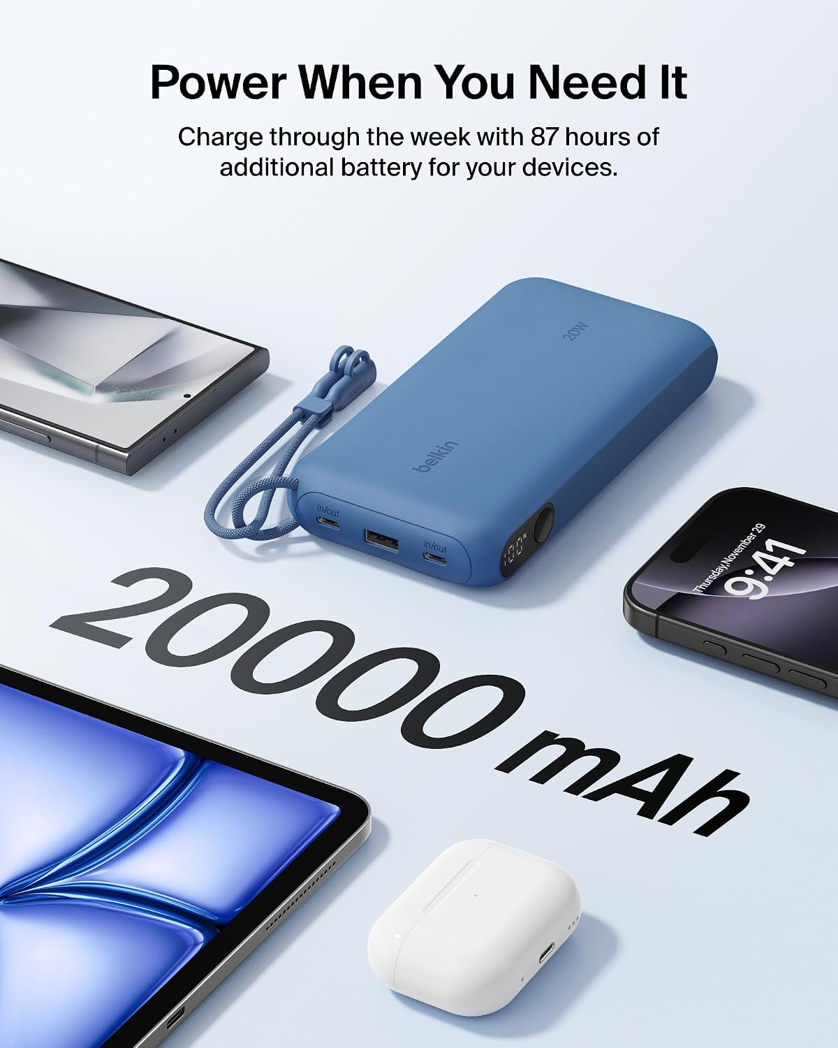 Belkin Cargador Portátil, Batería Externa USB-C de 20,000mAh con 2...