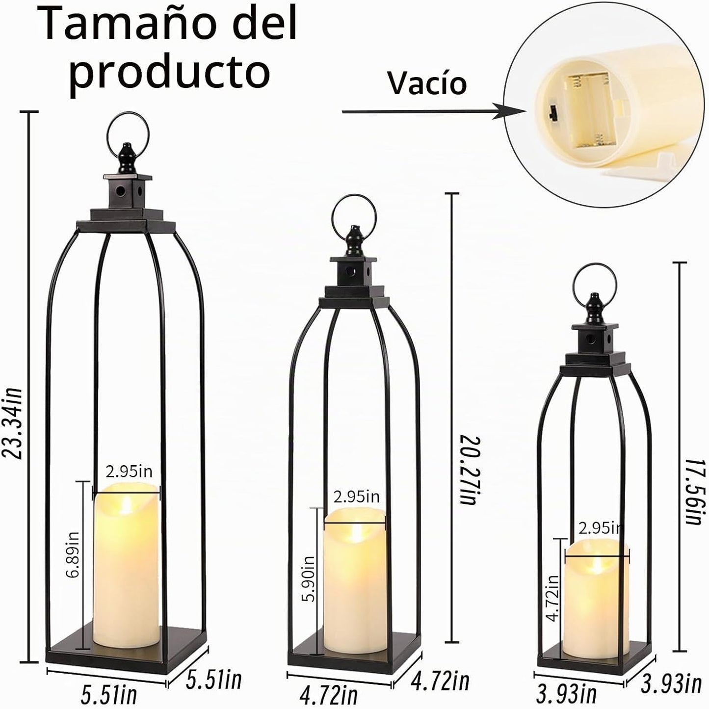 DARJEN Juego de 3 faroles decorativos de metal negro para velas, 16...