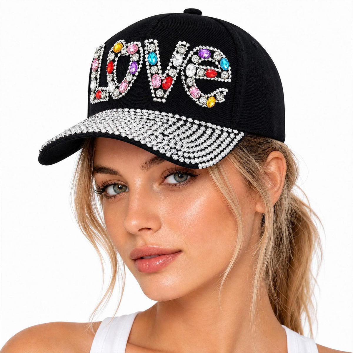 Gorra de béisbol brillante con diamantes de imitación, malla ajusta...